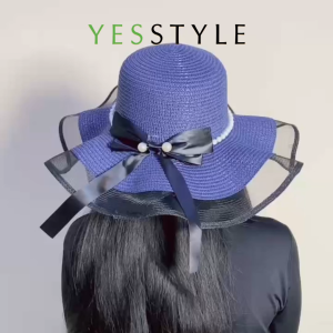 Yesstyle Topi Pantai Wanita Rajut Anyaman Topi Fashion Aksen Pita Mutiara Sun Hat Protection