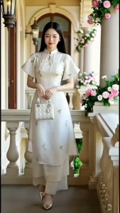 QC_ Set áo dài cách tân mặc Tết áo dài nữ set áo dài Voan Ánh Kim thêu hoa mix quần dài Phi Lụa