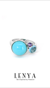 LENYA แหวนหินเทอร์ควอยส์ เสริมพลังอำนาจและสติปัญญา ขนาด 10 มิล ตัวเรือนเงินแท้925 ชุบทองคำขาว