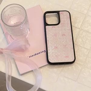 Korea Black Frame Pink Bowknot Grid Pattern Glitter Phone Case For iPhone 16 15 14 12 13 Pro Max Anti-Drop Protective Hard Cover