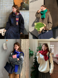 Rainy Christmas New Year Soft Plush Color Block Knitted Small Scarf Womens Autumn Winter Versatile Warm Neck Warmer Shawl