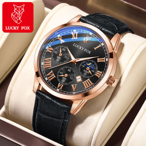 LUCKY FOX Mens Quartz Moon Phase Watch - Rose Gold Case Genuine Leather Strap Elegant Dress Watch