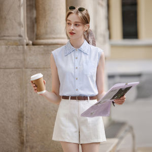 XIANGYING | French Commuter Sleeveless Linen Embroidery Notch Collar Blouse