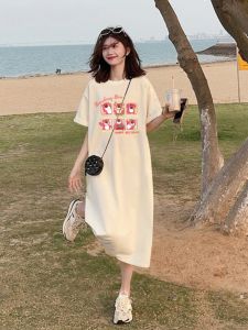 Pure Cotton Short Sleeve T-Shirt Dress for Plus Size Women Loose Korean Style Casual Summer Dress with Cartoon Pattern