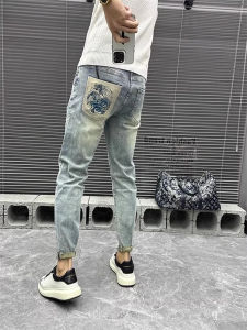 Summer Thin New High-End European Style Embroidered Jeans Mens Trendy Brand Ripped Slim Fit Long Pants Youth Pop Style