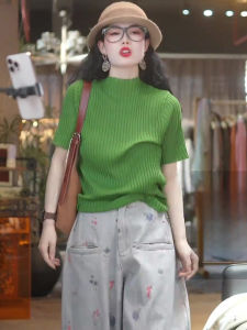 UYFY | Elegant Minimalist Green Half Turtleneck Short Sleeve Womens Knit Top