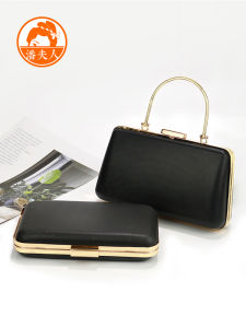 กระเป๋าหนังสีดำขนาดใหญ่ทำจากวัสดุ DIY แฮนด์เมดสำหรับผู้หญิง พร้อมหูหิ้ว กล่องปาก วัสดุเหล็กกล้า กระเป๋าสะพายไหล่