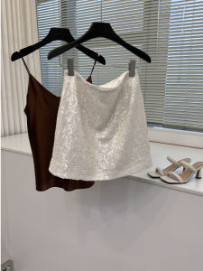 Elegant Short A-Line Skirt with Shiny Sequins Heavy Work Fashionable Swan Lake Design High Waist Pure Color Commute Style Womens Skirt