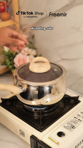 freemir Panci Gemoy Silver Stainless Steel 16cm Anti Lengket Gratis Tutup Kaca + Gagang Kayu Estetik