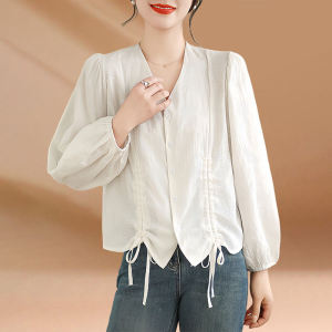 เสื้อเชิ้ตคอวีแขนยาวทรงหลวมสไตล์เกาหลีนุ่มๆ สำหรับผู้หญิงวัย 25-29 ปี ฤดูใบไม้ร่วง 2024 เสื้อเชิ้ตผ้าไหมผสมโพลีเอสเตอร์