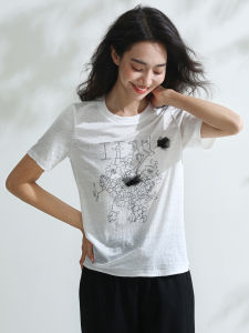 Miccbeirn | Pure Linen Knitted Short Sleeve T-Shirt Floral Print Slim Fit Basic Style Commute Inner Wear Simple Versatile Summer Top