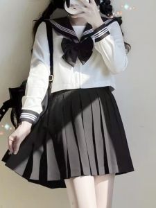 เสื้อเชิ้ตคอปกเรือดำแขนยาวสีขาว ชุดนักเรียนหญิง ฤดูใบไม้ผลิและฤดูใบไม้ร่วง สไตล์วิทยาลัย เสื้อผ้าชั้นนำ ชุดนักเรียน