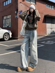 High Waist Wide Leg Straight Cut Casual Jeans Womens Street Style Loose Fit Long Trousers Spring 2025 Casual Cotton Blend