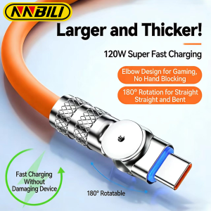NNBILI 120W Fast Charge USB Type C Cable 180 ° Rotation Elbow Cable for Game for Xiaomi Redmi Honor Phone Charger USB C Cable