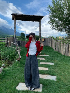 Loose Casual Pants Bamboo Node Early Autumn New Style Slight Flocking Design Straight Leg Wide Leg Pants Women High Waist Cotton Blend