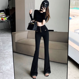 Black Weila Suit Pants for Women 2023 Spring/Summer Fancy Breasted High-Waisted Trousers Drape Casual Mop Bell-Bottom Pants Tide