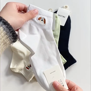 CEEKEY การ์ตูนลูกสุนัขปักถุงเท้าถุงเท้าผู้หญิงถุงเท้าผ้าฝ้ายฤดูใบไม้ผลิฤดูร้อนบางสุภาพสตรีกีฬานักเรียนถุงเท้าตาข่ายกลวงออก