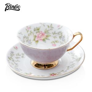 BINCOO Coffee Mug with Saucer Ceramic Cup Coffee Snack Afternoon Tea Cup Luxurious and Simple for Home and Office 210ML