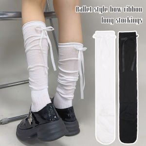 【♡Lovely girls house♡】ถุงเท้าบางสีขาวดำ JK ถุงเท้าโบว์น่ารักถุงเท้ายาวปานกลางญี่ปุ่น