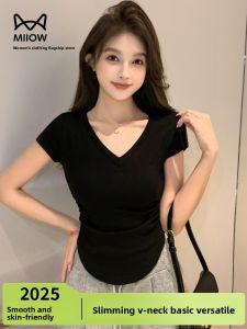 MiiOW | Pure Cotton Short Sleeve T-Shirt Women Summer Thin Slim Fit V-neck Base Shirt Casual Versatile Commute Style Regular Wash