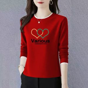 Slimming Pure Cotton Long Sleeve T-Shirt Womens Loose Fit Style Casual round Neck Patterned Bottoming Shirt Autumn Wear