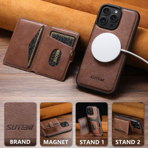 SUTENI Wireless Charging Luxury Faux Leather Magnet Phone Case Card Holder Stand For iPhone 17 Pro Max 16 Plus 15 Pro 14 13 12