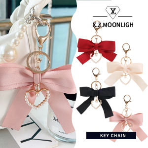 X.z.moonligh สร้อยคอจิวเวลรี่พวงกุญแจรูปหัวใจริบบิ้นโบว์ผ้ามุกส่วนบุคคลสุดสร้างสรรค์