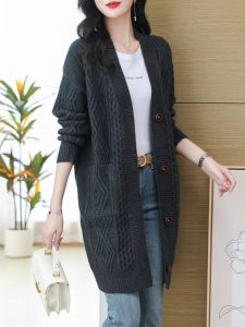 Spring Autumn Womens Long Knitted Sweater Jacket V-neck Outerwear Shoulder-length Cardigan Thick Pure Color Commute Style