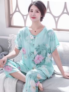 Summer Lightweight Short Sleeve Cotton Silk Open Cardigan Nightgown for Middle-Aged And Elderly People Home Clothes Set