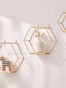 Nordic Wall Mount Floating Hexagon Shelf Metal Framed Storage Holder Wooden Rack