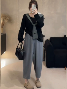 plus Size Womens Lightweight Loose Black Casual Wide Leg Pants Autumn New Style Pear Shape Small Size Carrot Pants