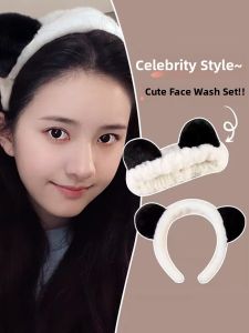 Cute Panda Ear Hairband Womens Cartoon Face Wash Anti-Slip Pressed Hair Band Autumn Winter Plush Hair Ties Fashionable Hair Accessories