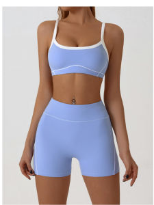 Color Block Yoga Bra And Shorts Set Hip Lifting Wireless Sports Bra with Short Pants for Women Spring Autumn Polyester Fiber