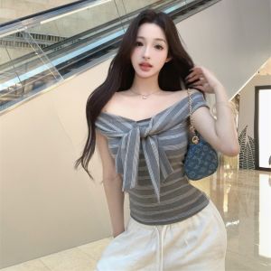 GUZILIAN | Summer Korean Style Slim Fit Striped One Shoulder T-Shirt Womens Versatile Neckline Baring Top Design Sensation Twist Knot