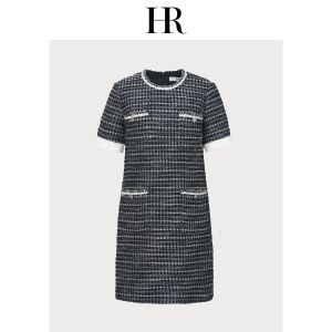 HR | HR Helena Rubinstein Woolen Short Sleeve Dress Elegant Midi Skirt Polyester Fiber Natural Waist Straight Cut City Commute