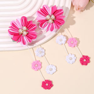 2Pcs Flower Hair Clips Sweet Pearls Rainbow Floral Tassel Hairpins Cute Barrette For Girls Kids Headdress Headwear Accessories