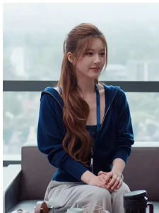 Blue Knitted Hooded Jacket Womens Autumn Winter Outerwear Comfortable V-neck Short Loose Fit Warm Commuting Style