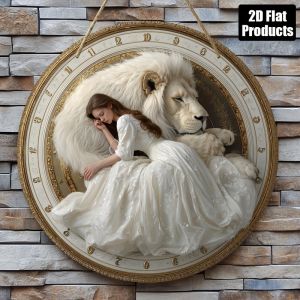 2D Round Wood Plaque Woman Lion Sign 8x8in Bar Cafe Home Wall Decor Holiday Gift