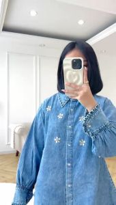 NANDO ATASAN KEMEJA WANITA PAYET BAHAN DENIM SNOW KOREAN LOOK LENGAN PANJANG OVERSIZED