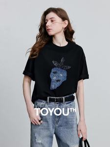 Toyouth | Relaxed Round Neck Short Sleeve Stripe Strawberry Applique T-shirt