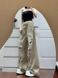 Quần Jeans Denim Ống Rộng Cạp Cao Phong Cách Mỹ Retro Kaki Cho Nữ Mùa Hè Quần Dài Dài Đến Sàn Có Lỗ Xẻ Quần Thường Ngày