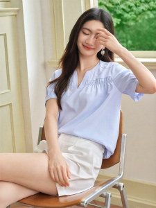 OSA | Puff Sleeve V-Neck Summer Style Loose and Slimming Blue Shirt