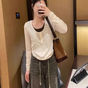 HUOLISI | Stylish Contrast Design Long Sleeve T-shirt Women Autumn Winter