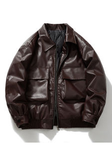 แจ็คเก็ตหนัง PU ทรงหลวม สไตล์มอเตอร์ไซค์ สไตล์อเมริกันย้อนยุค แจ็คเก็ตหนัง PU สีน้ำตาล แจ็คเก็ตมอเตอร์ไซค์สุดเท่สำหรับผู้ชายและผู้หญิง