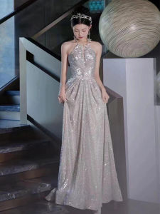 Silver Sequin Evening Gown French Style Engagement Dinner Dress Bride Women Morning Robe Host Student Birthday Adult Ceremony