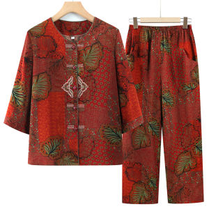 Elderly Womens Summer Cotton Silk Two-Piece Set Casual Open Cardigan Home Clothes Mid-Sleeve Fashionable Loose Fit