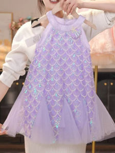 Princess Style Fish Tail Dress for Girls Summer New Fashion Purple Strap Childrens Dress Beautiful Mermaid Girl Clothes