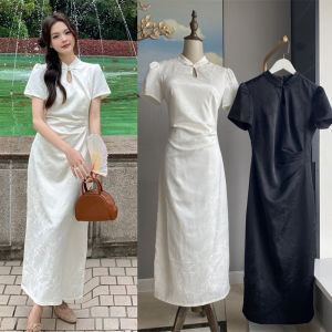 New Chinese Style Off-White Floral Embroidery Silk Satin Cheongsam Dress Wedding Dress Short Sleeve Mid-Century Modern