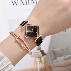 【Free Shipping】2Pcs/Set Rhombus Square Magnetic Dial Womens Watch Bracelet Set Quartz Watch for Woman Wristwatch Simple Diamond Gift