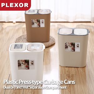 Plexor 15L Garbage Bin Kitchen Trash Can with Cover Double Layer for Dry and Wet Separation Plastic Double Recycling Waste Bin Twin Double Compartment Bin for Waste Separation for Waste Recycling for Kitchen Home